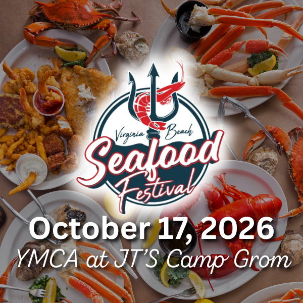 Virginia Beach Seafood Festival promotional graphic for October 17, 2026 at YMCA at JT's Camp Grom, featuring the festival logo over plates of crabs, lobster, and seafood
